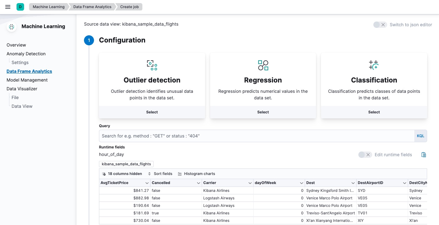 Creating a data frame analytics job in Kibana