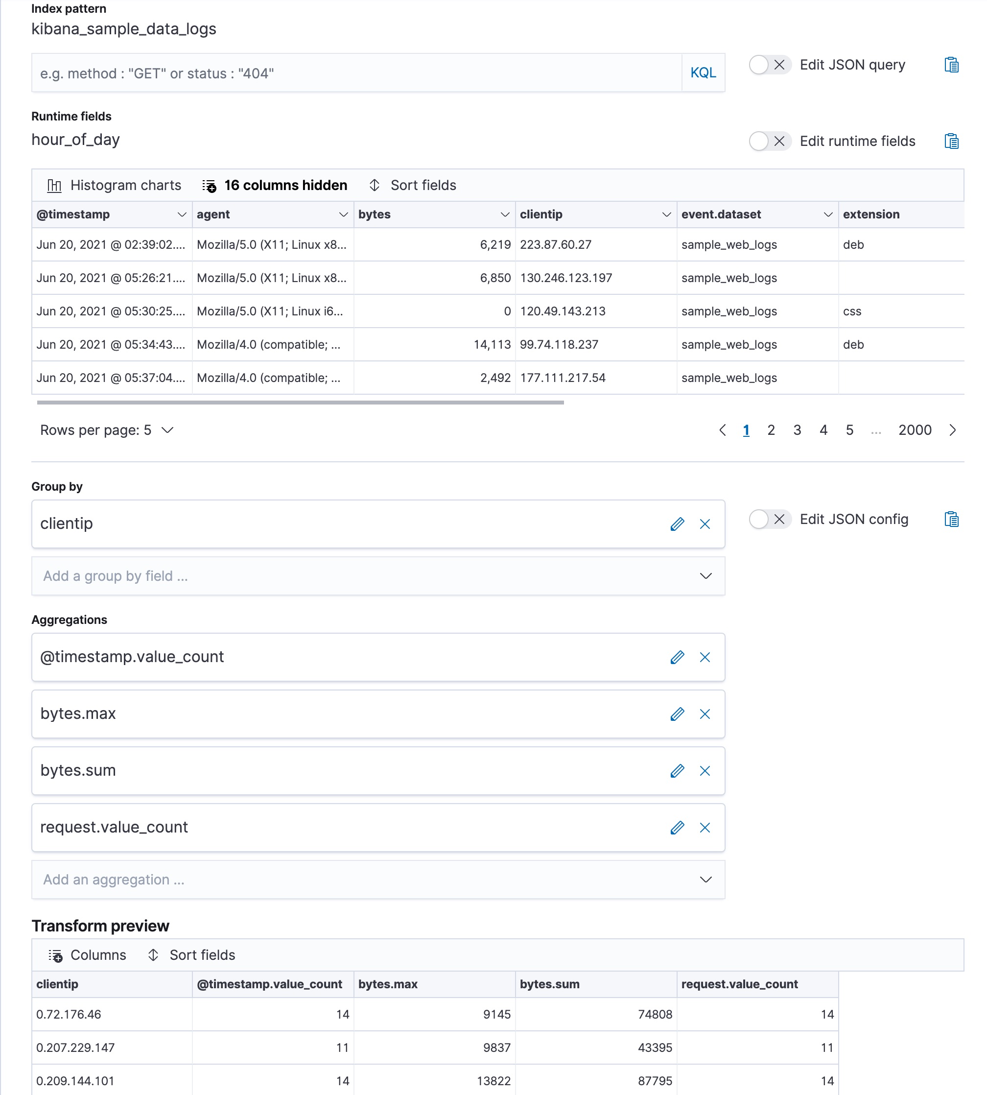 Creating a transform in Kibana