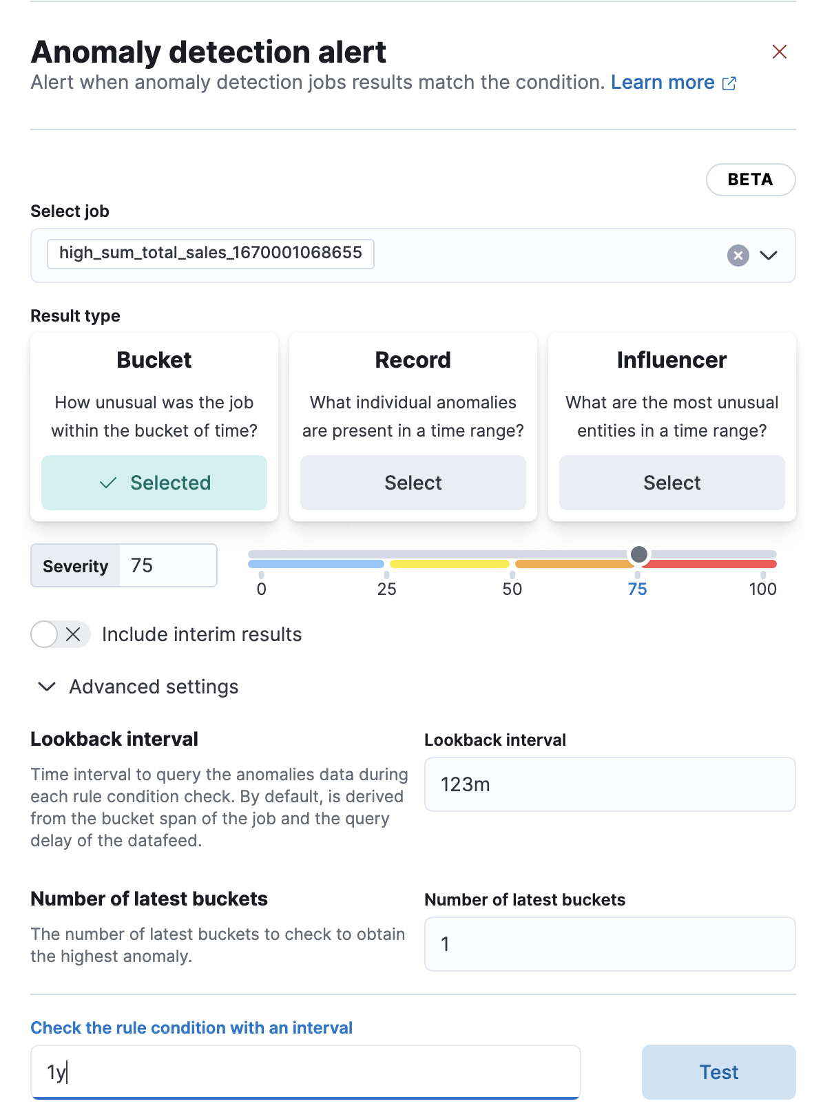 Selecting result type, severity, and test interval