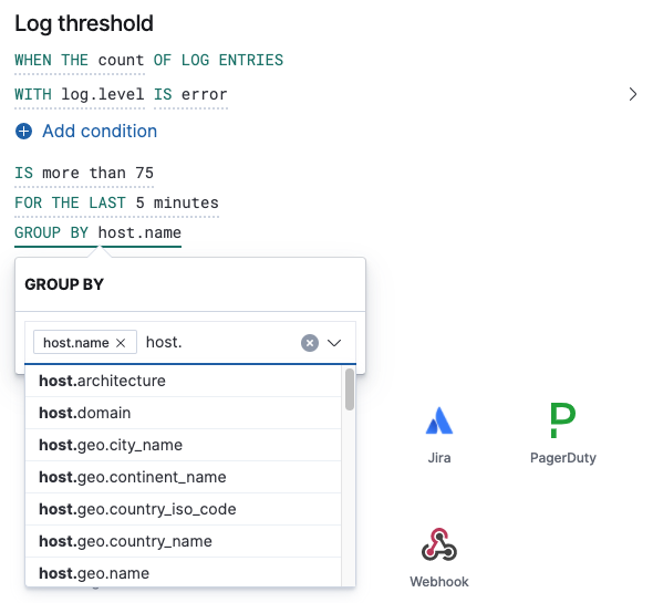 Log threshold alert group by