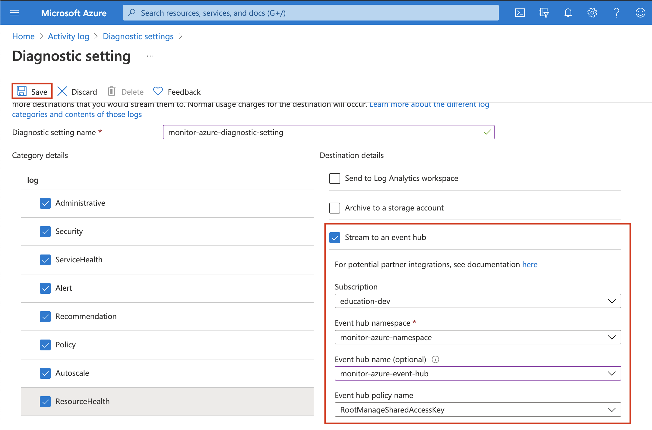 Configure on diagnostics settings