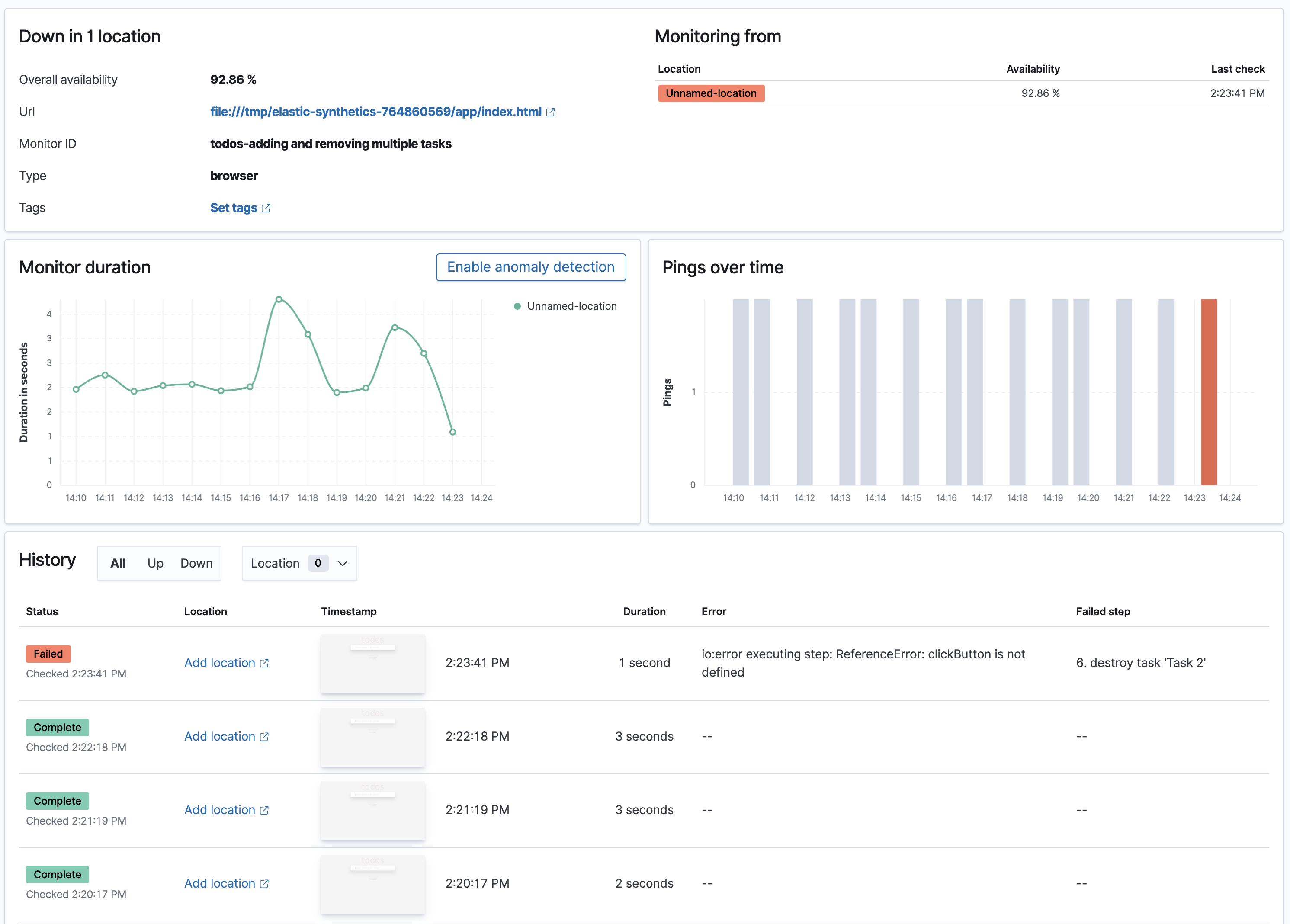 Synthetics overview page