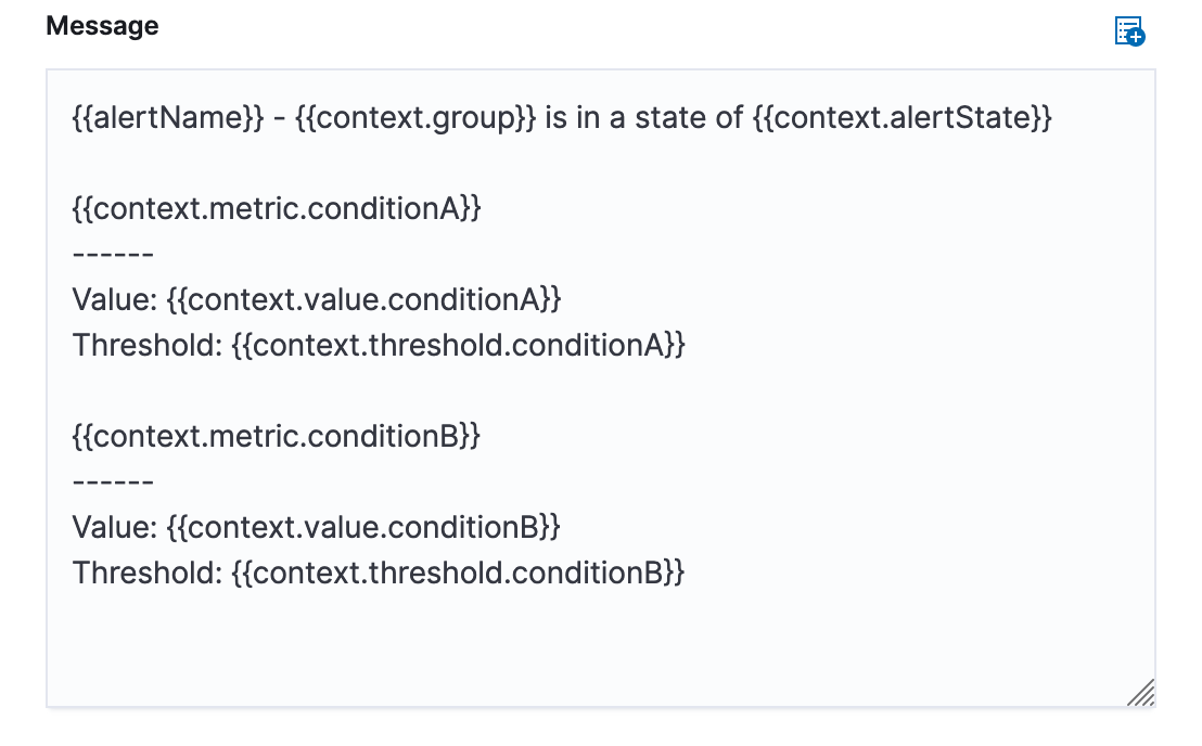 The default metrics threshold rule message detailing advanced variables