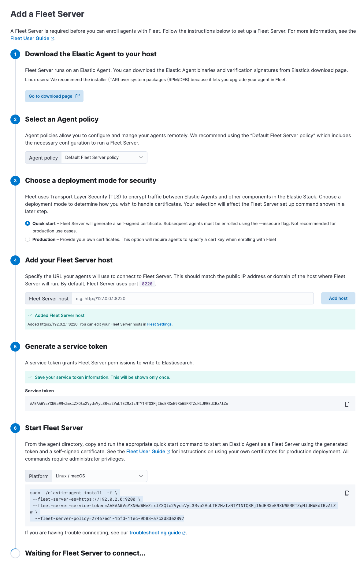 In-product instructions for adding a Fleet Server