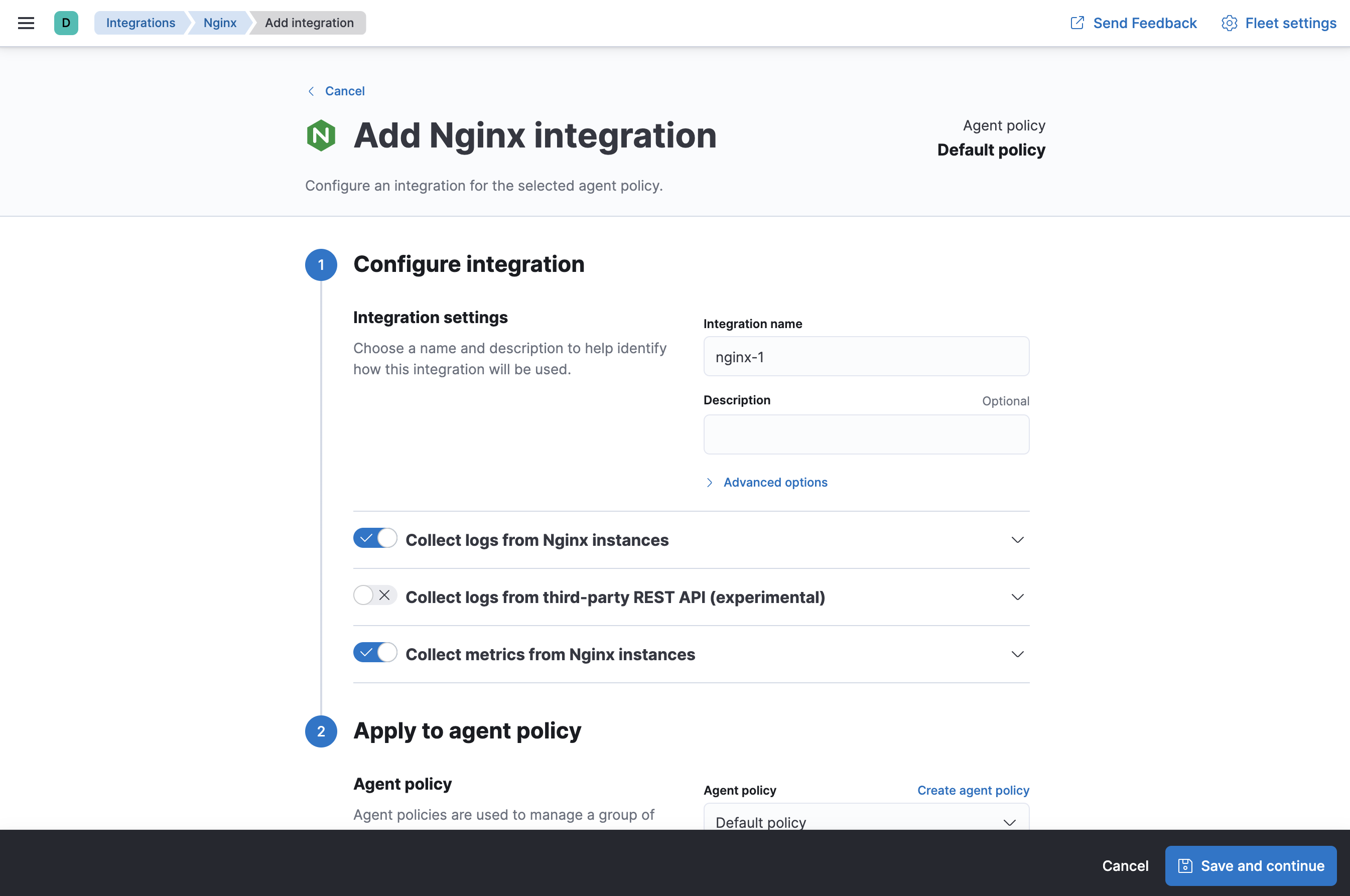 Fleet Add Nginx integration page