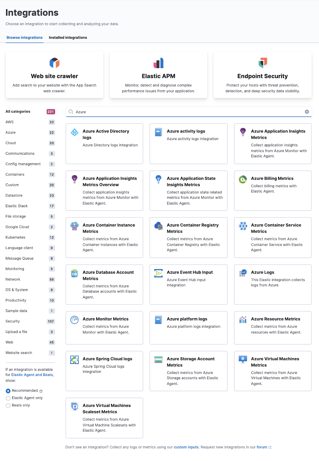 Elastic Agent integrations for Azure