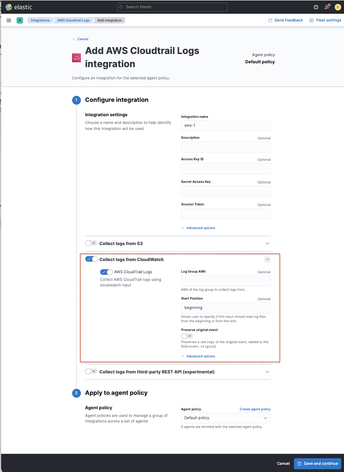 Enabling collection of CloudWatch logs for CloudTrail integration