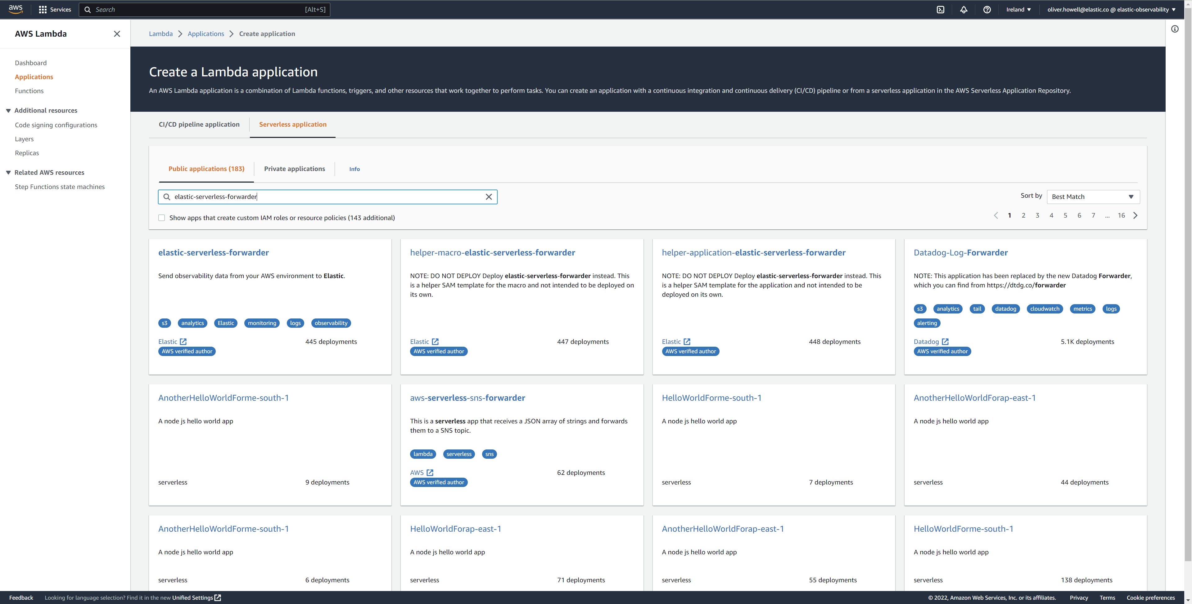 Create Elastic Serverless Forwarder Lambda function within SAR