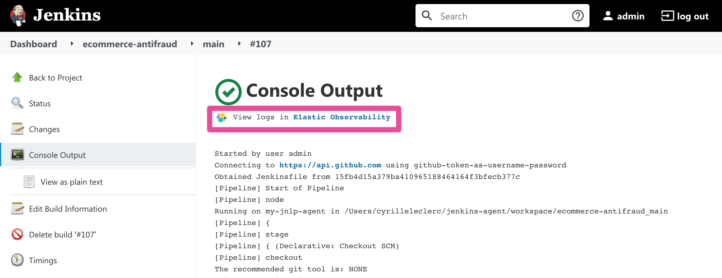 Jenkins Console Output page displaying both log contents and a link to view logs in Elastic Observability