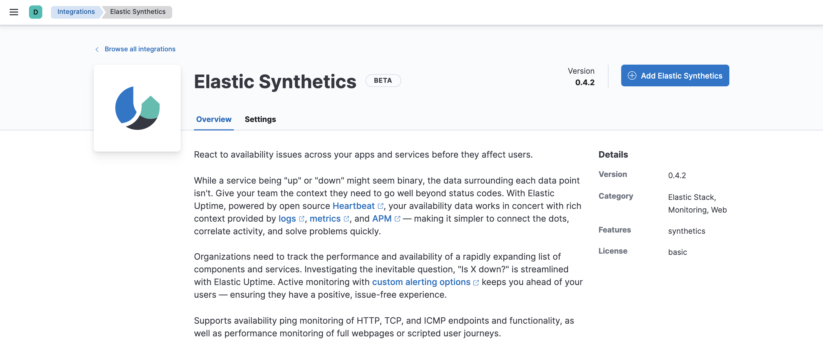 Fleet showing Synthetics integration overview