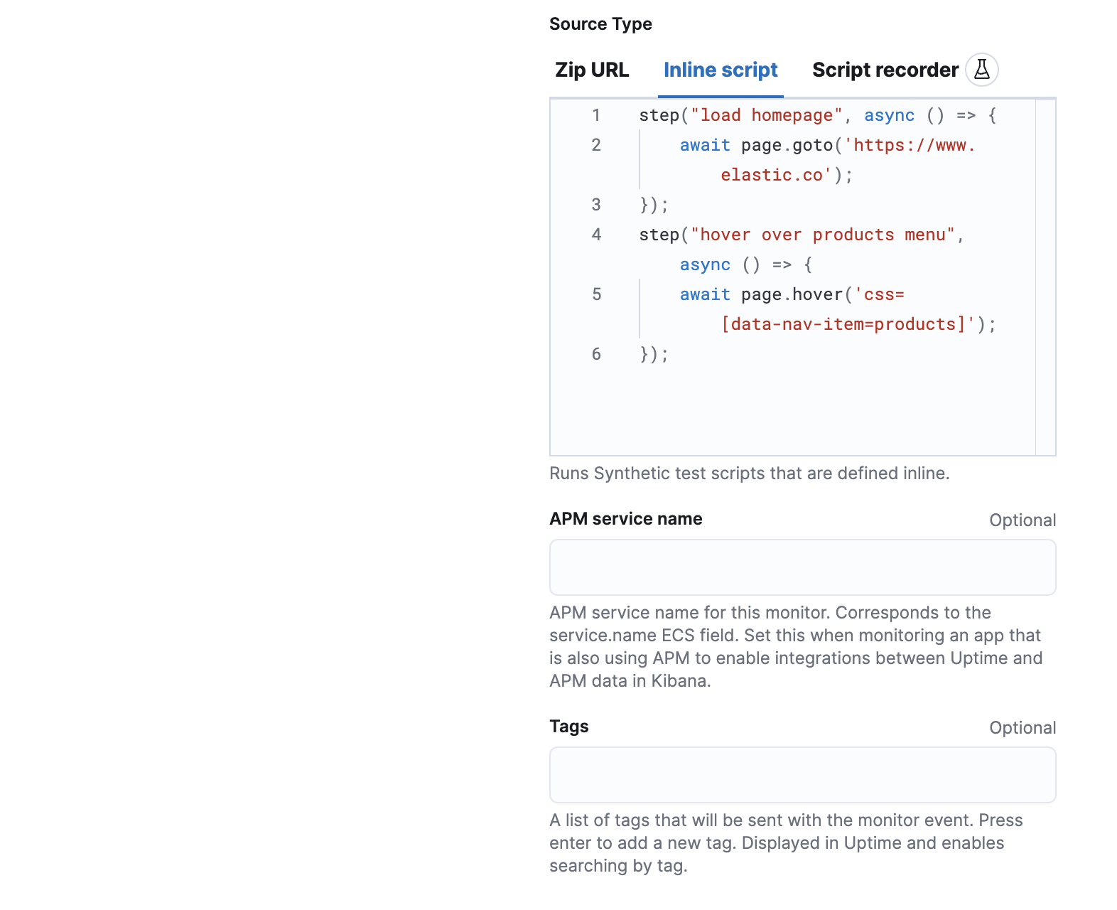 Configure a synthetic monitor using an inline script in Elastic Fleet