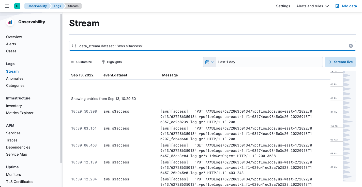 Screenshot of Logs app showing S3 access logs