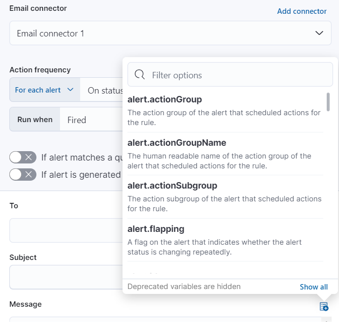 Default notification message for logs threshold rules with open "Add variable" popup listing available action variables