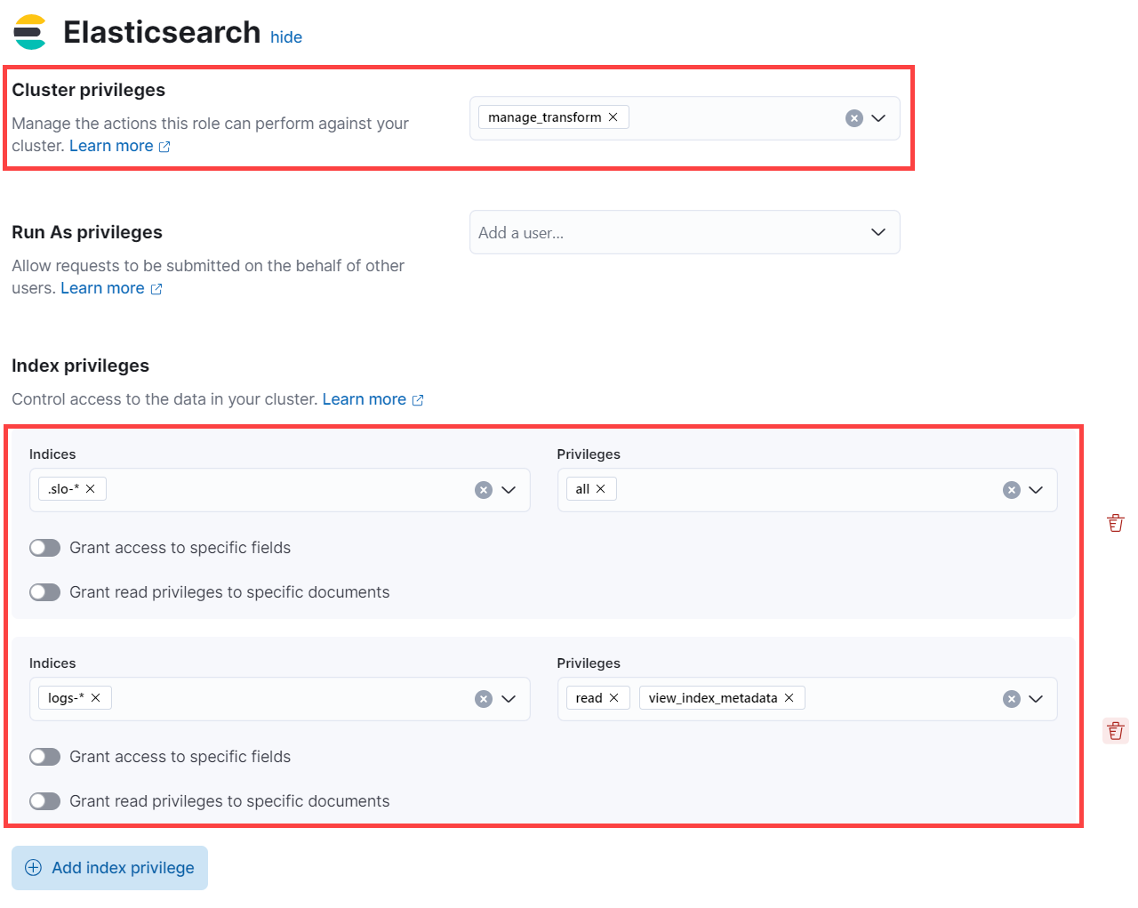 Cluster and index privileges for SLO All role