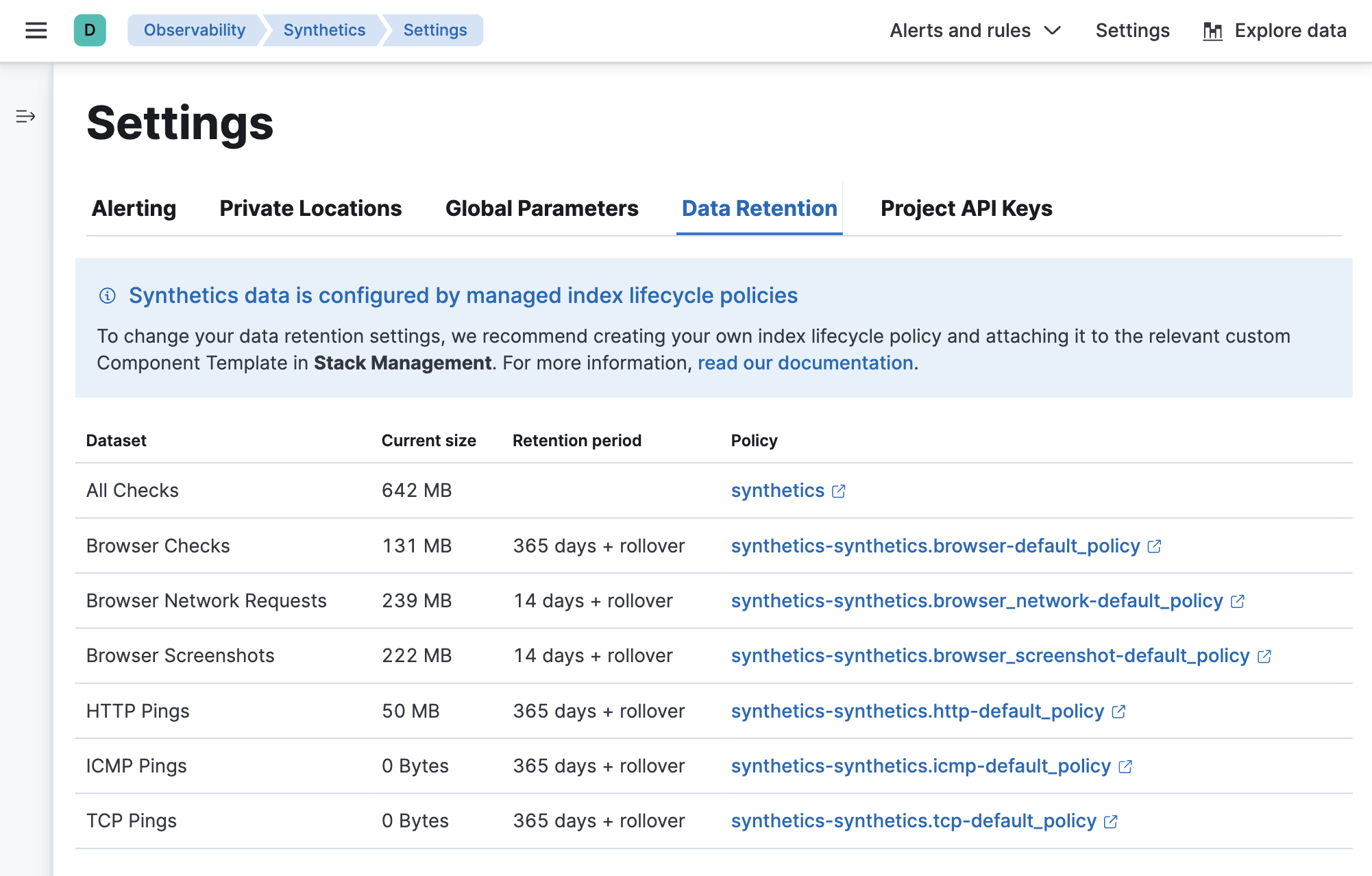 Data retention tab on the Synthetics Settings page in Kibana