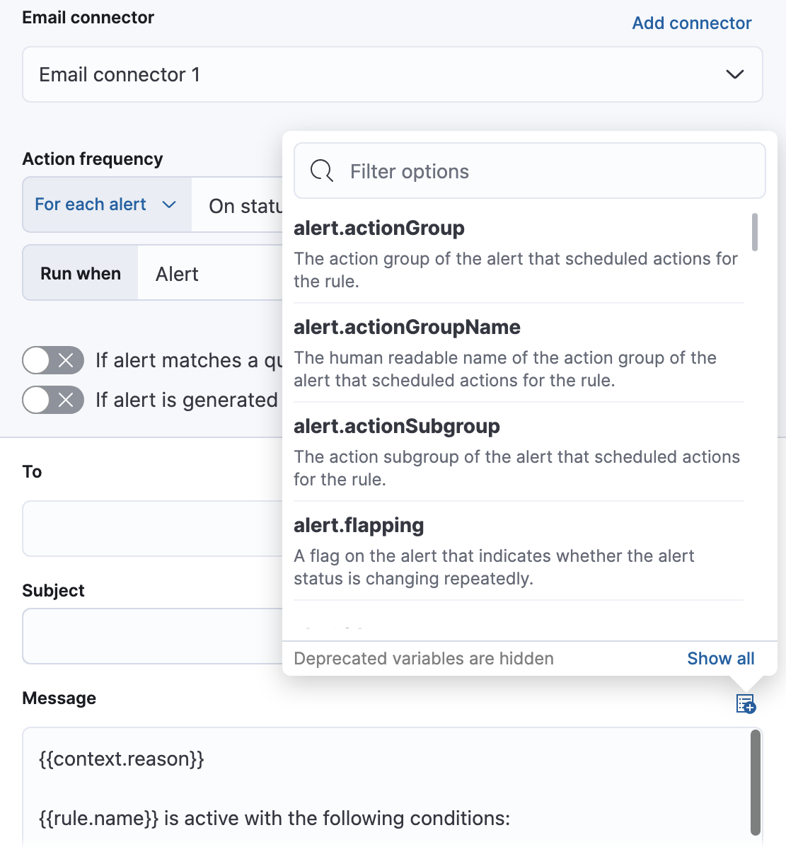 Default notification message for metric threshold rules with open "Add variable" popup listing available action variables