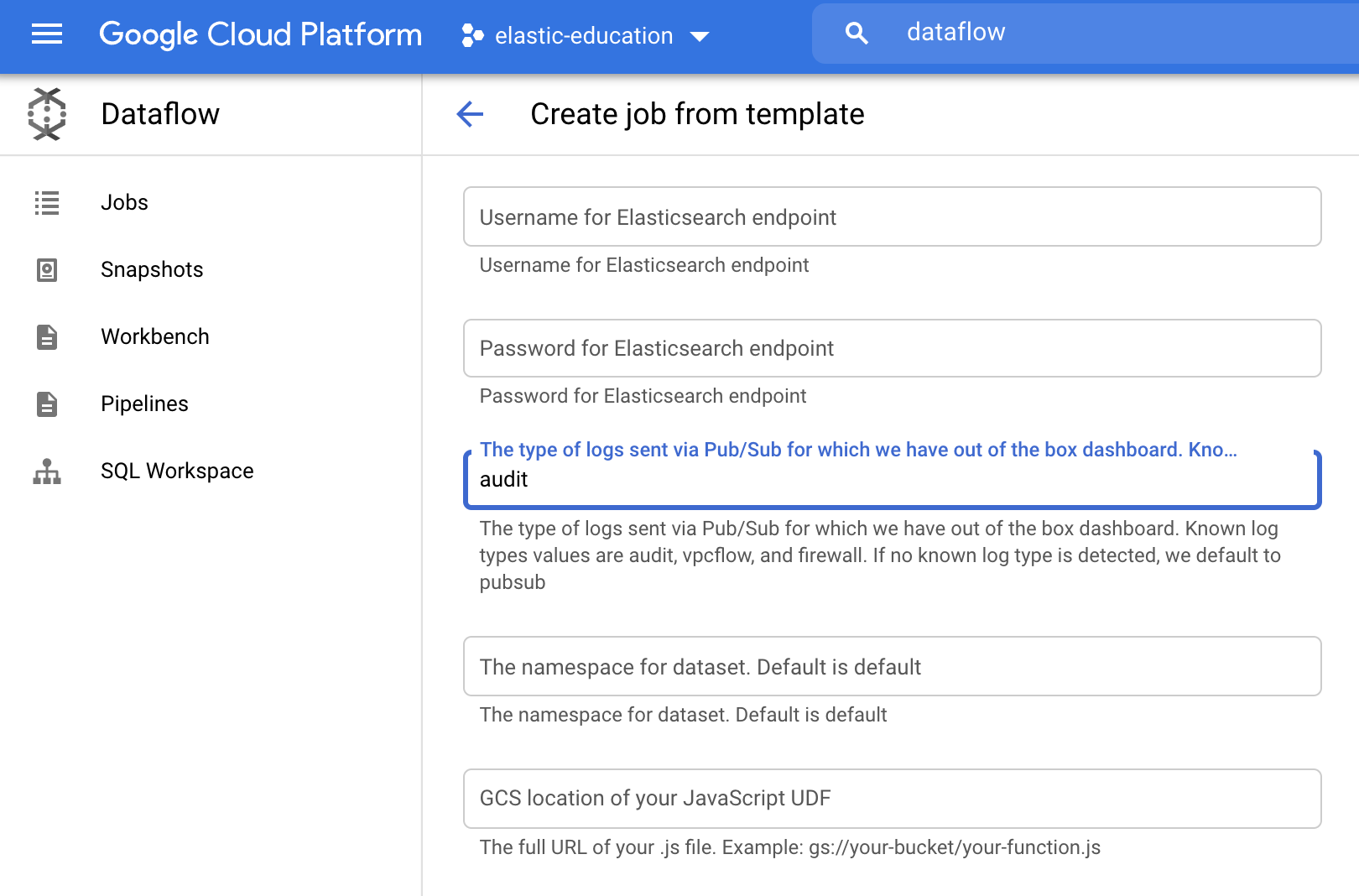 GCP Dataflow Optional Parameters