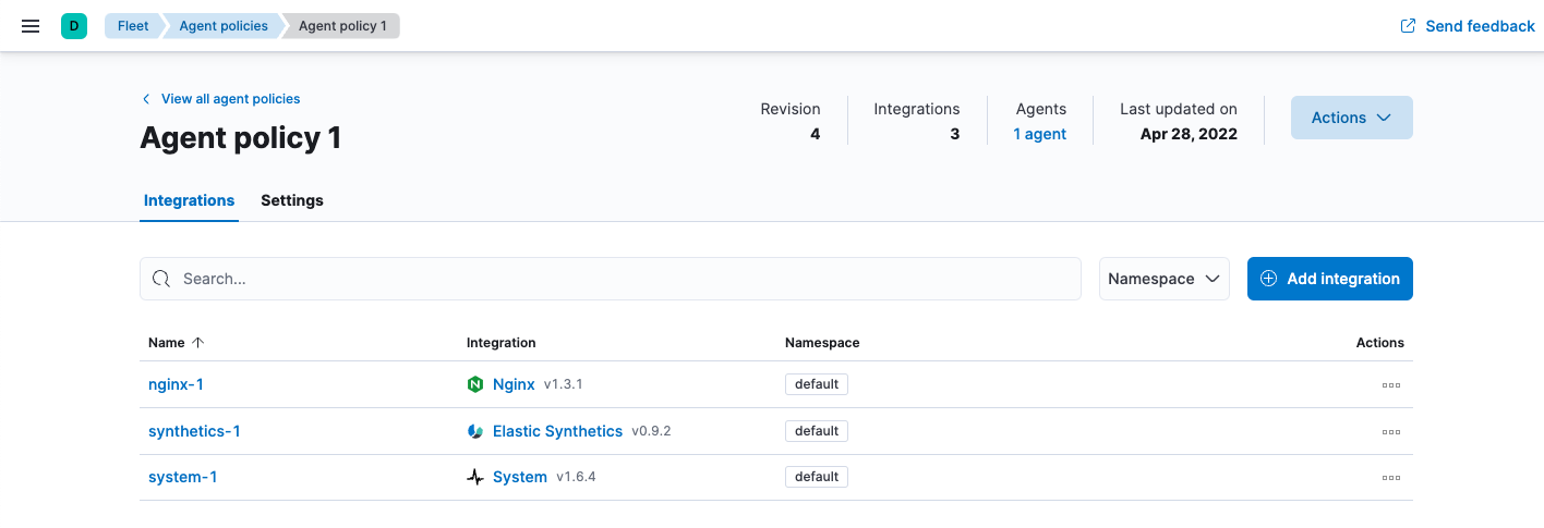 Fleet showing default agent policy with nginx-1 data source