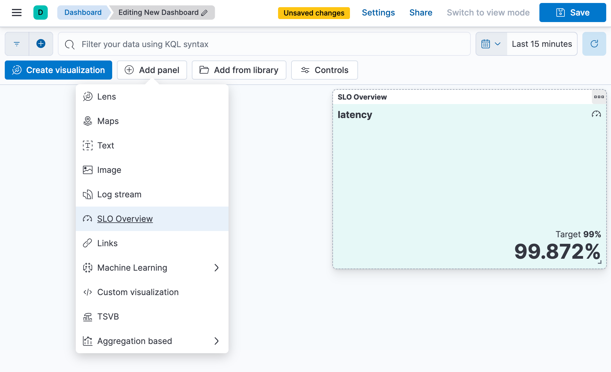 Using the Add panel button to add an SLO Overview widget to a dashboard