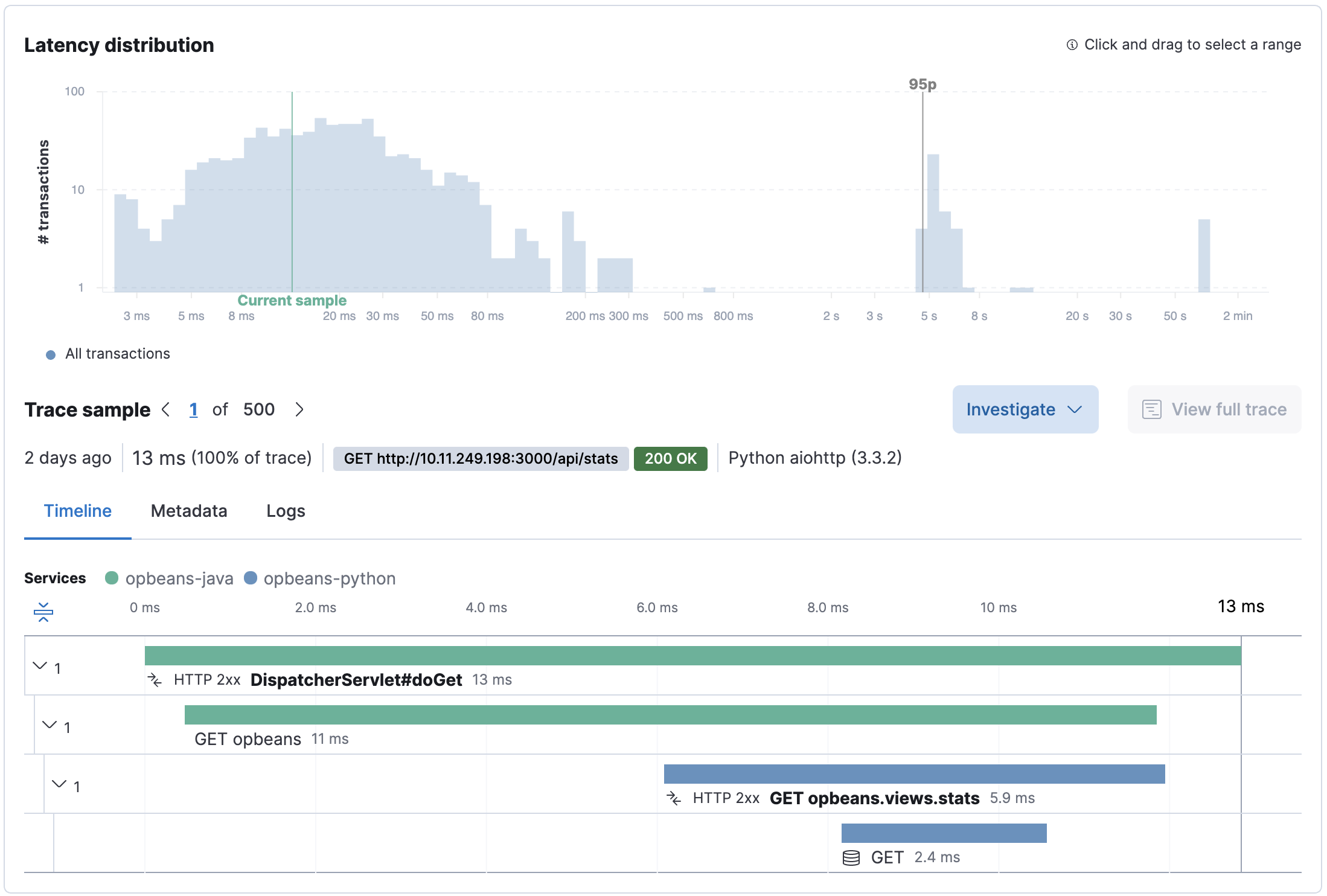 Example of distributed trace colors in the APM UI in Kibana