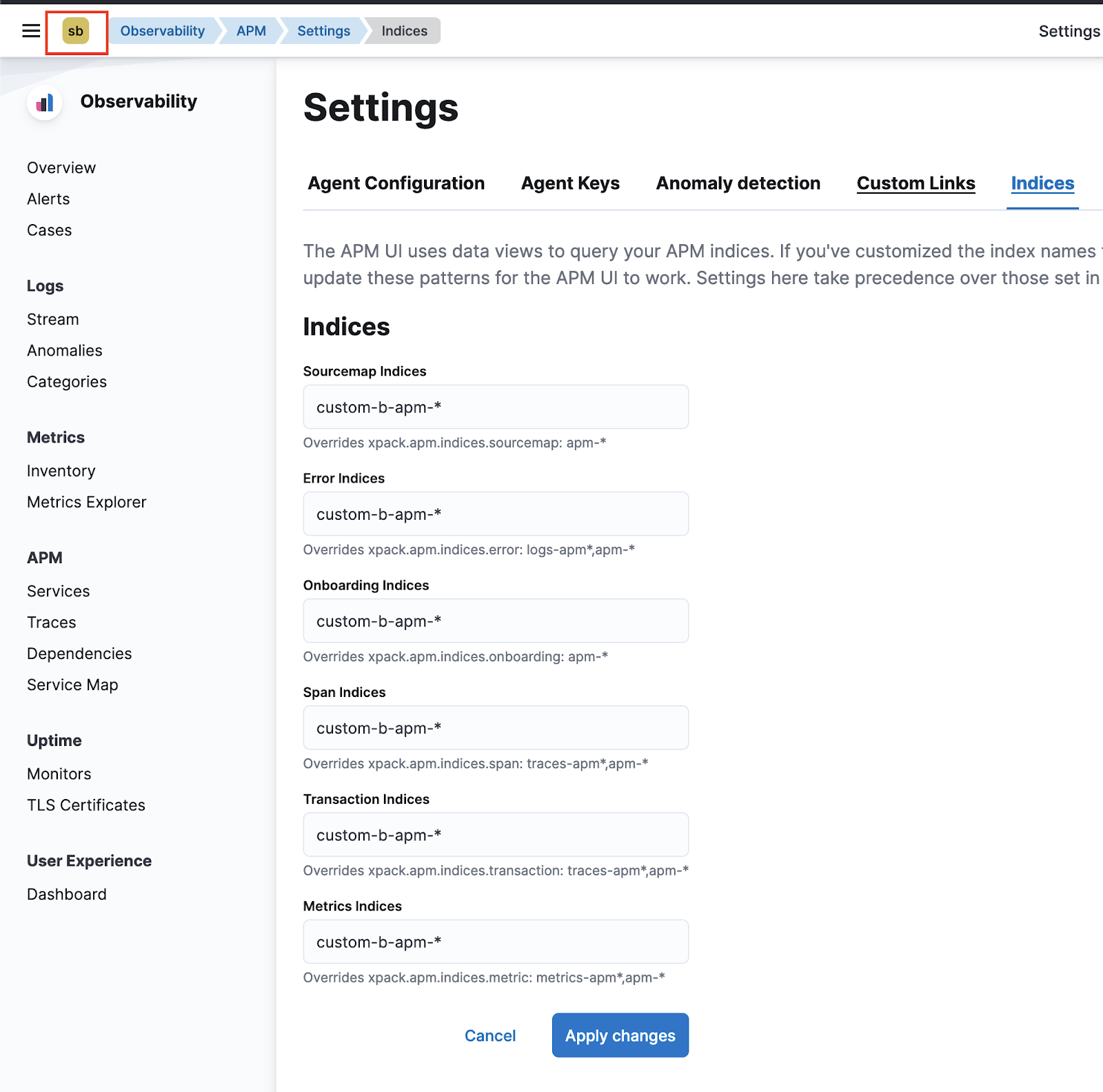 Configure APM UI indices within Kibana