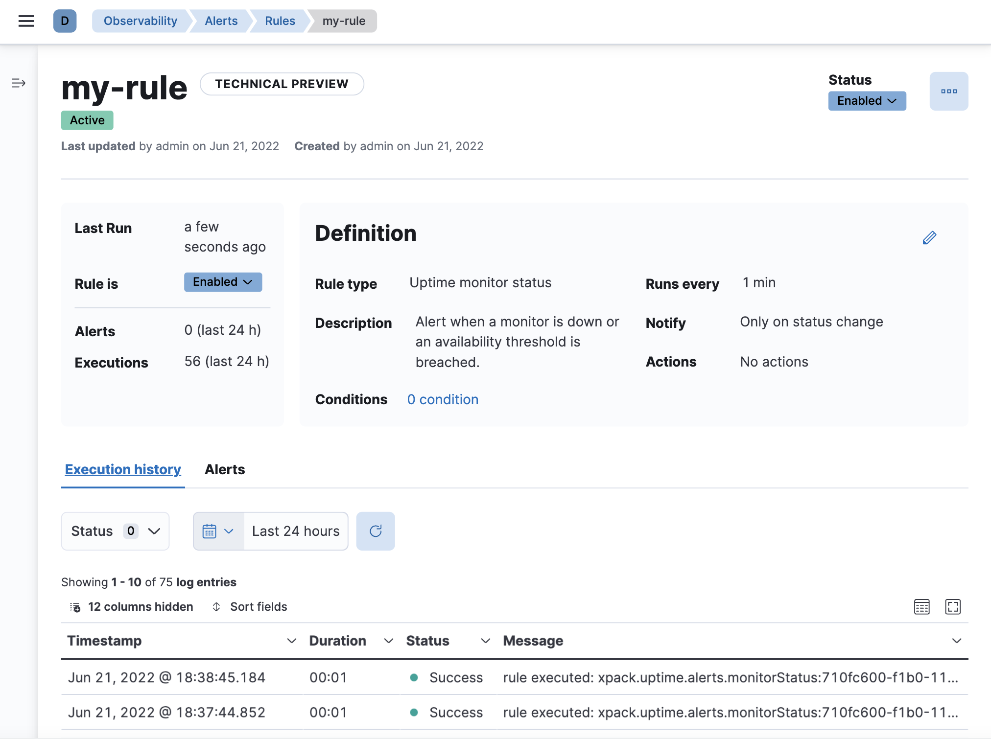 Elastic Observability detail page for a single rule