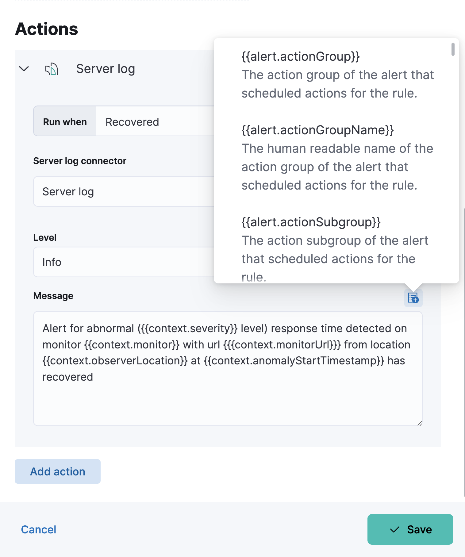 Default recovery message for Uptime duration anomaly rules with open "Add variable" popup listing available action variables