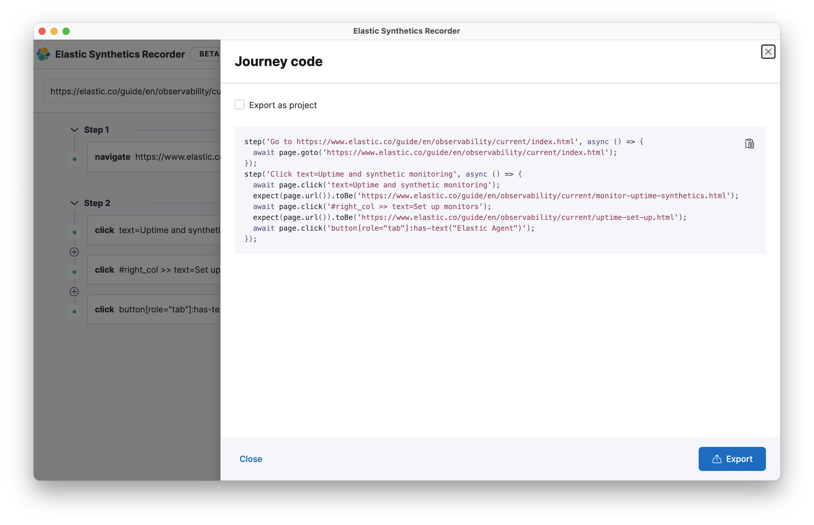 Elastic Synthetics Recorder after recording a journey and clicking Export