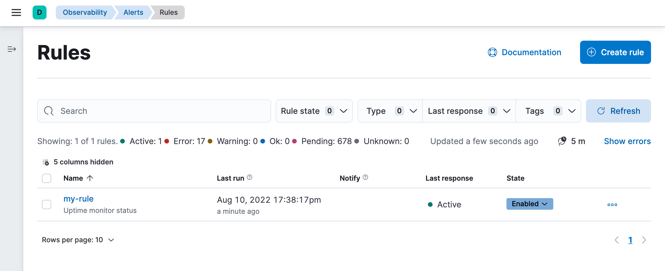 Elastic Observability Rules page