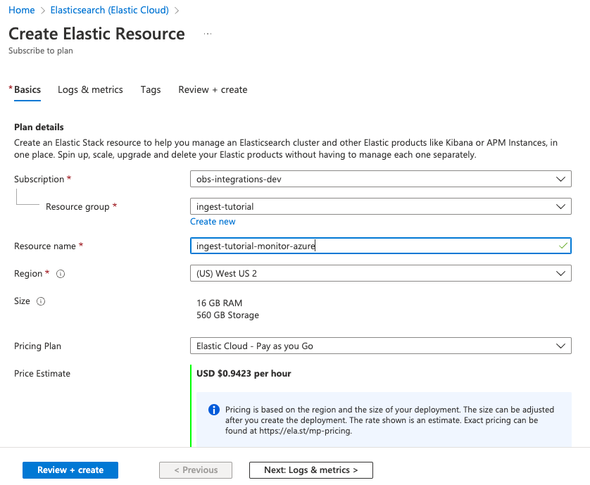 Screenshot of Elastic resource creation in Azure