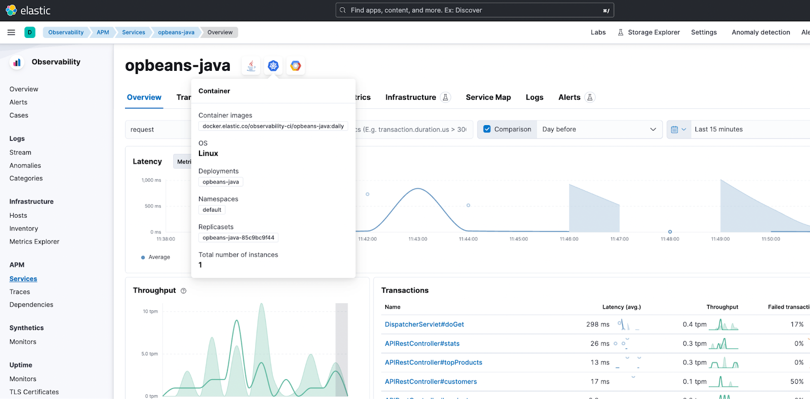 View Kubernetes info in APM Service Overview