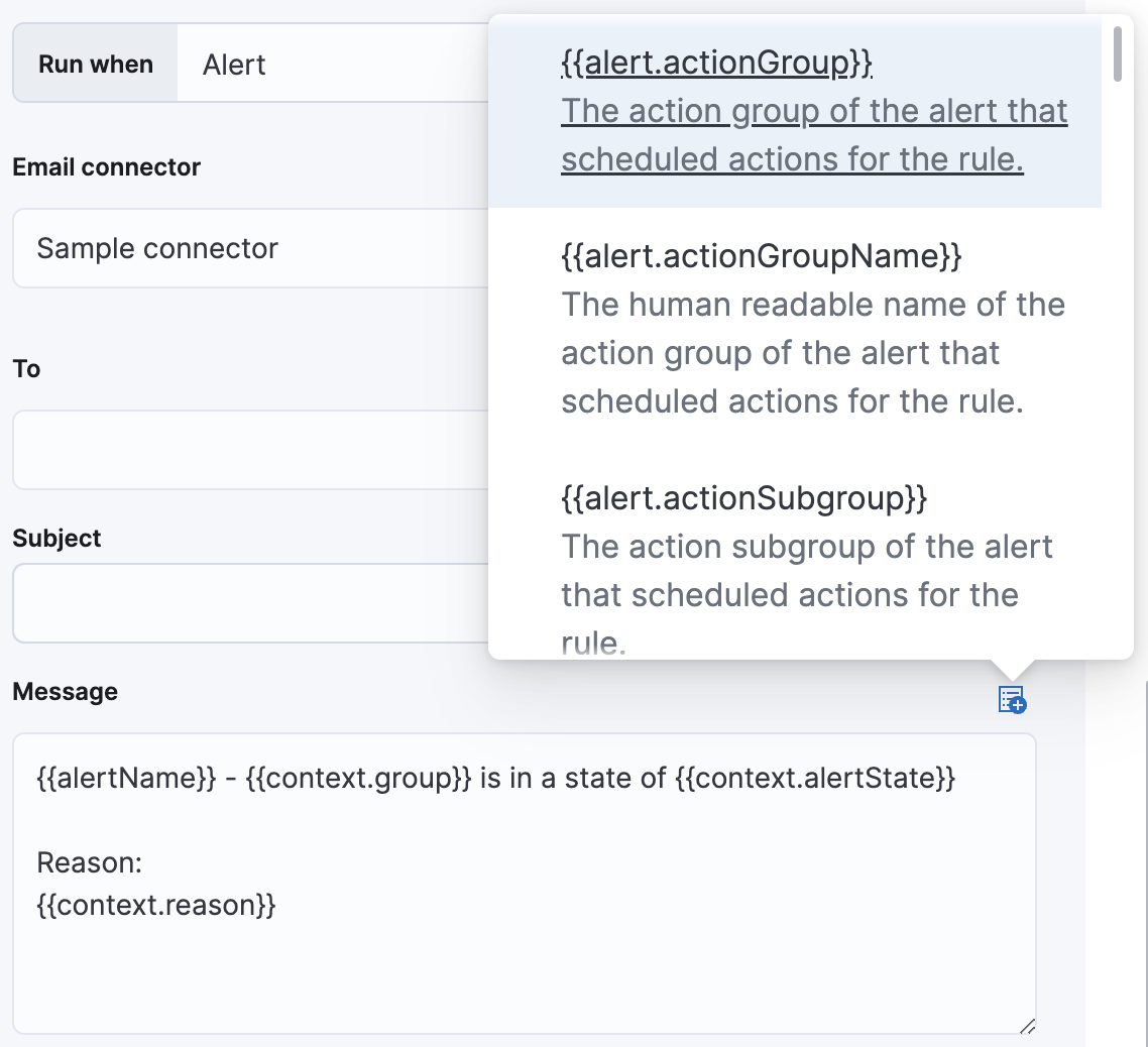 Default notification message for infrastructure threshold rules with open "Add variable" popup listing available action variables