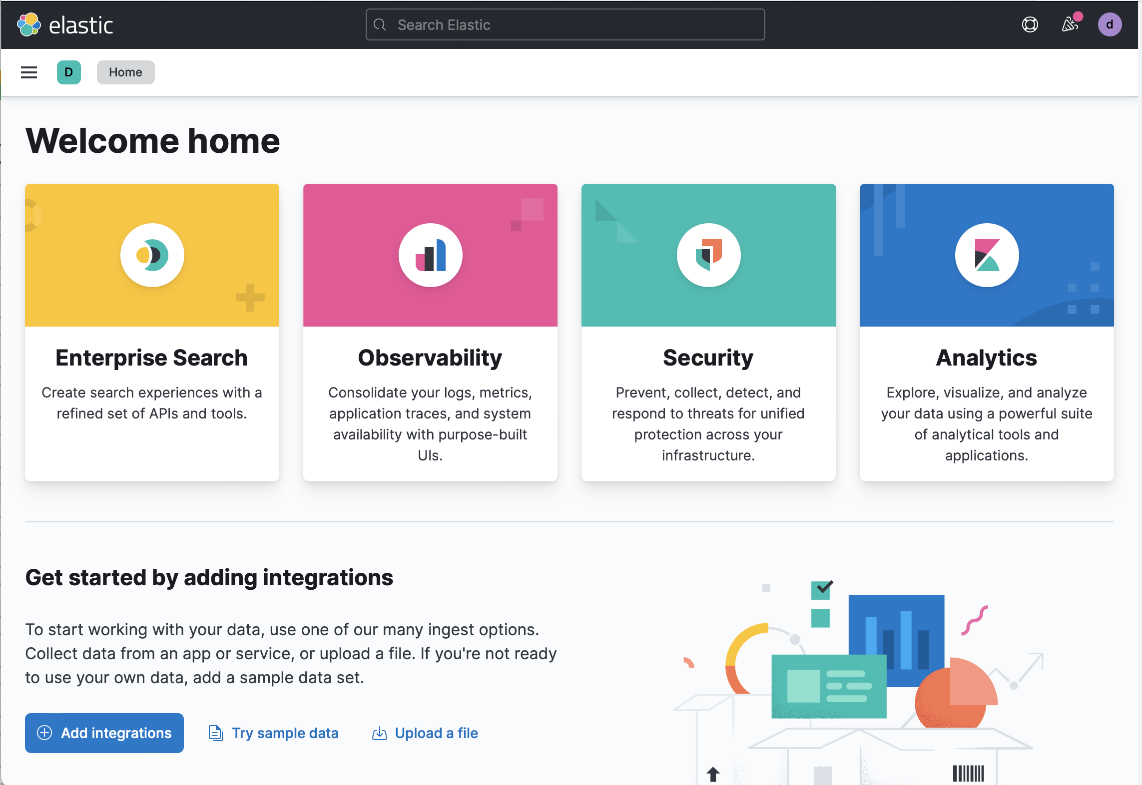 Screenshot of the Kibana home page