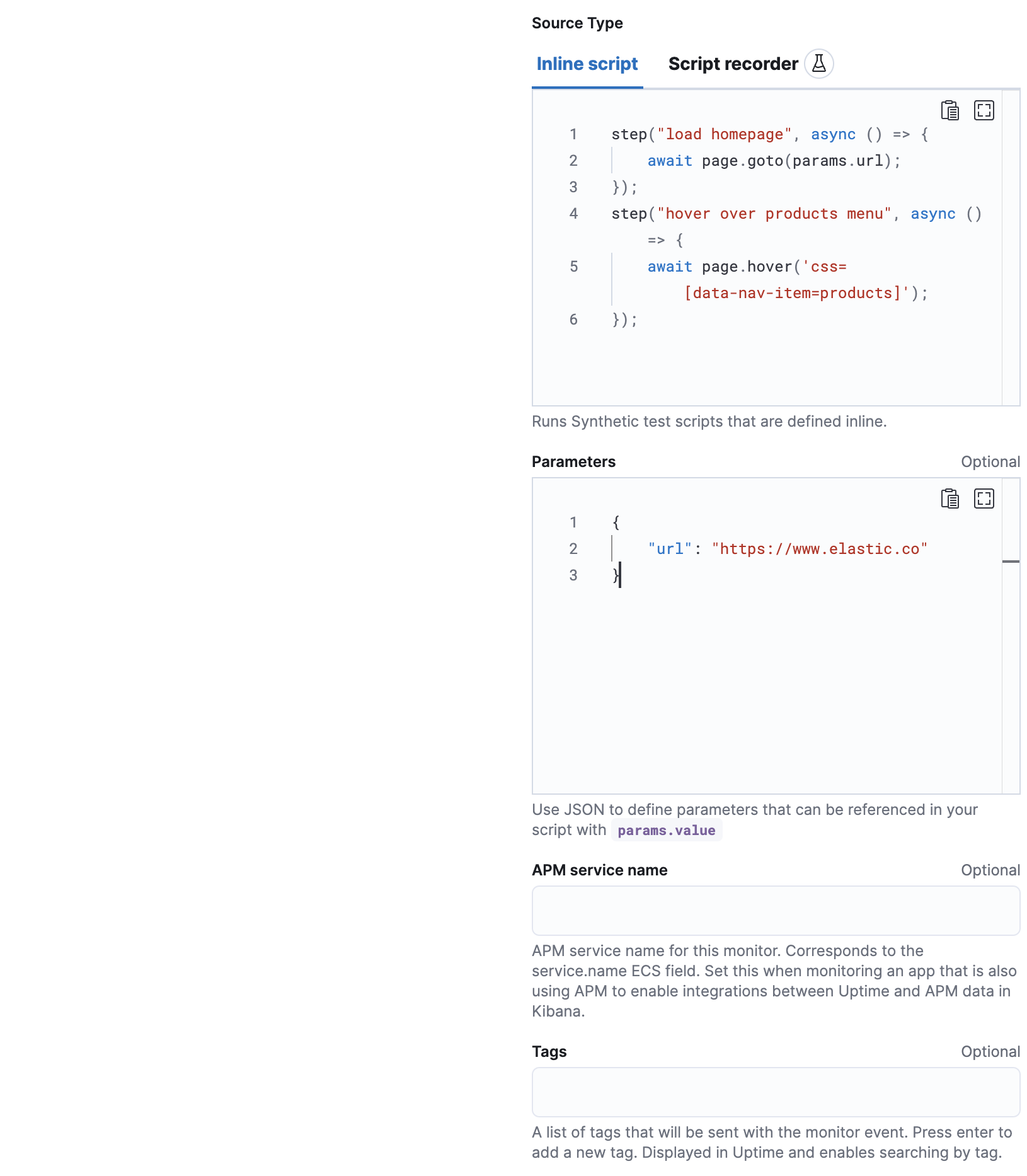 Configure a synthetic monitor using an inline script in Elastic Fleet