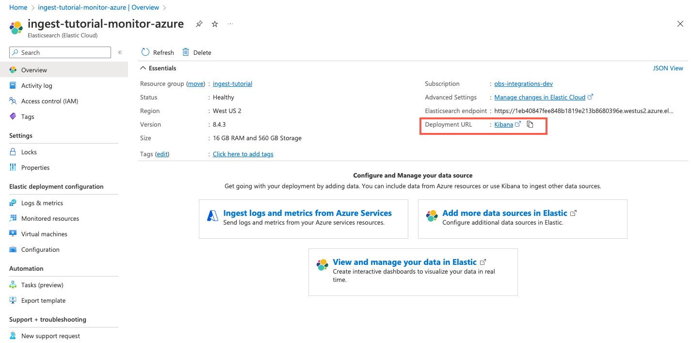 Screenshot of deployment details for Elastic resource in Azure