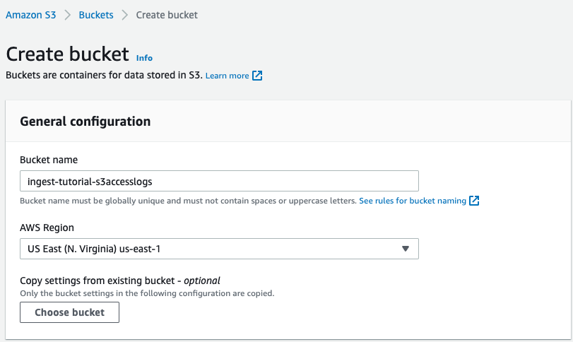 Screenshot of the S3 bucket creation window