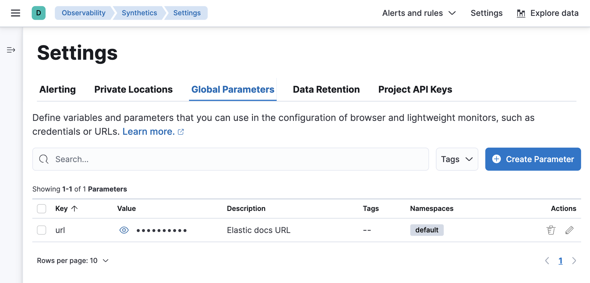 Global parameters tab on the Synthetics Settings page in Kibana