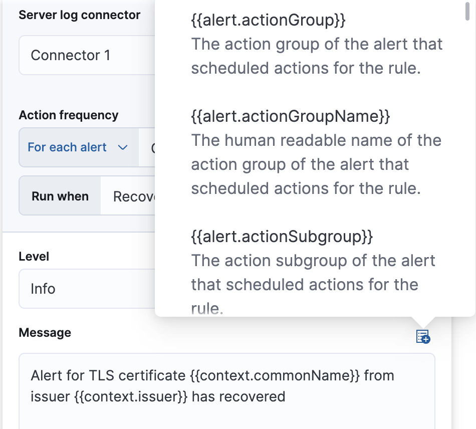 Default recovery message for TLS certificate rules with open "Add variable" popup listing available action variables