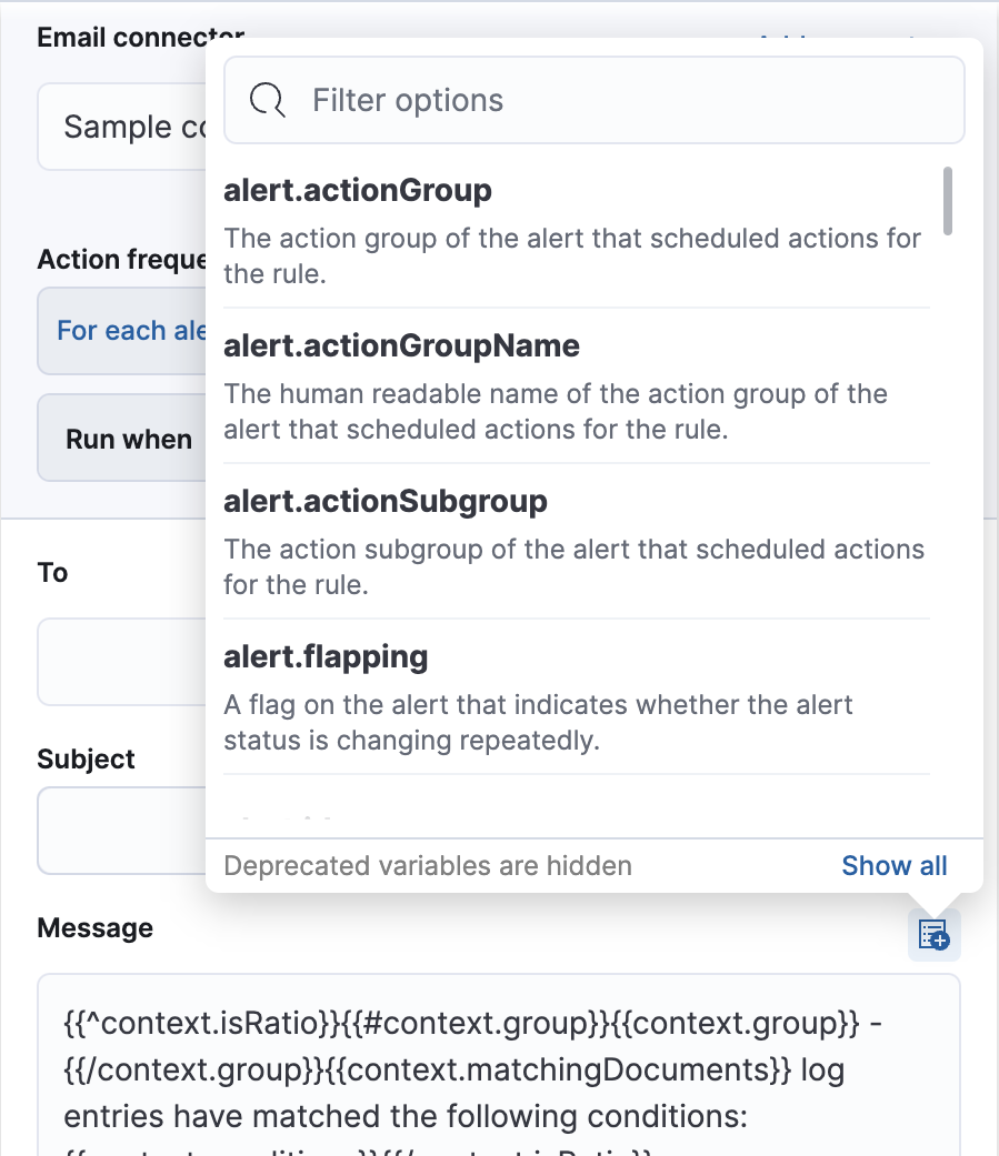 Default notification message for logs threshold rules with open "Add variable" popup listing available action variables