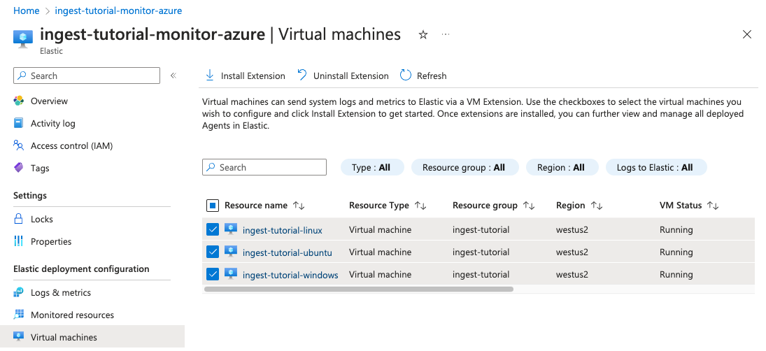 Screenshot that shows VMs selected for logs and metrics collection