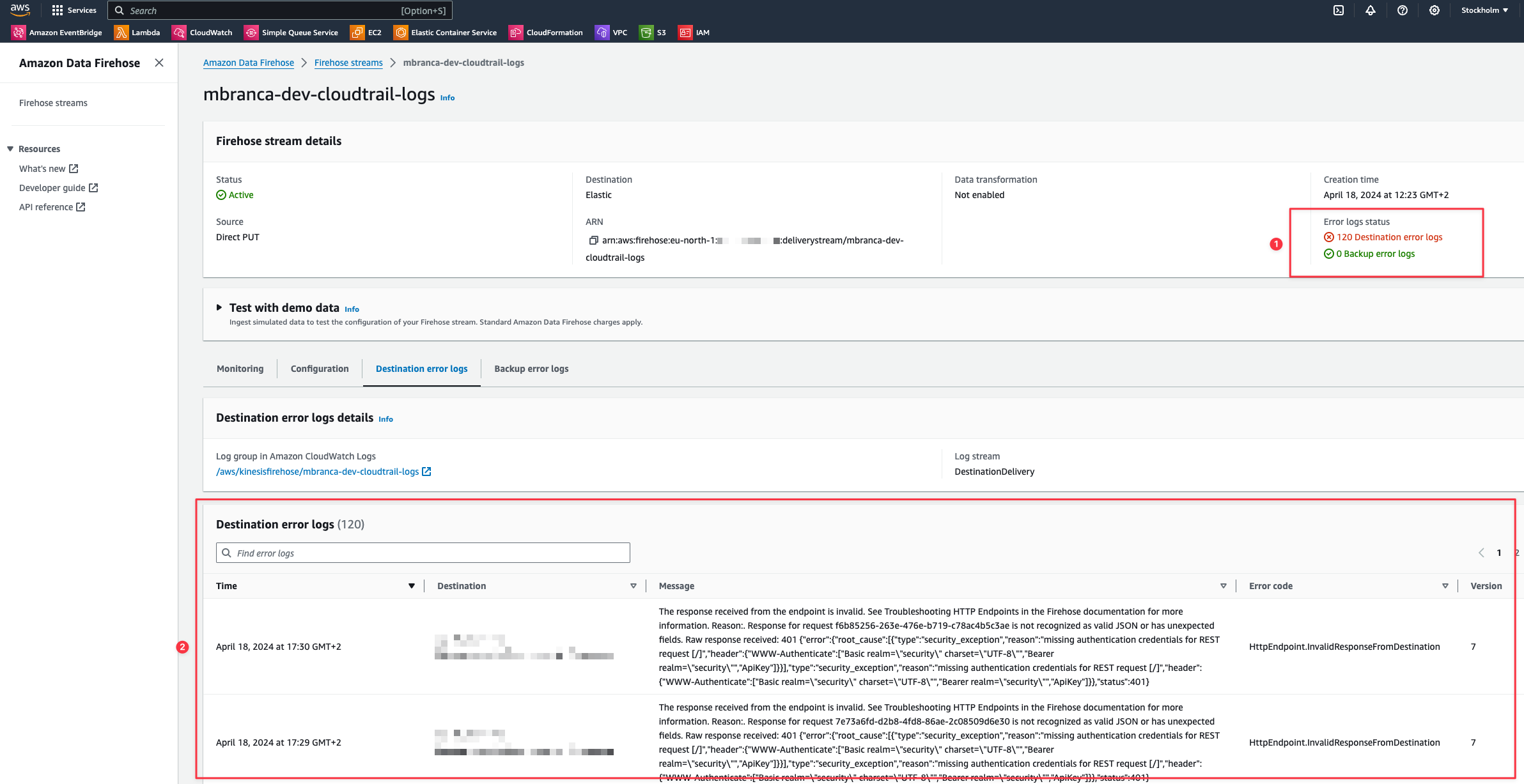 Firehose destination errors