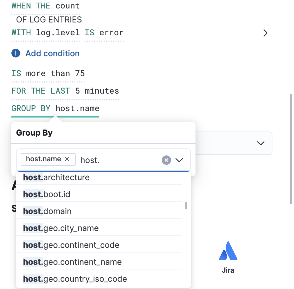 Log threshold rule group by