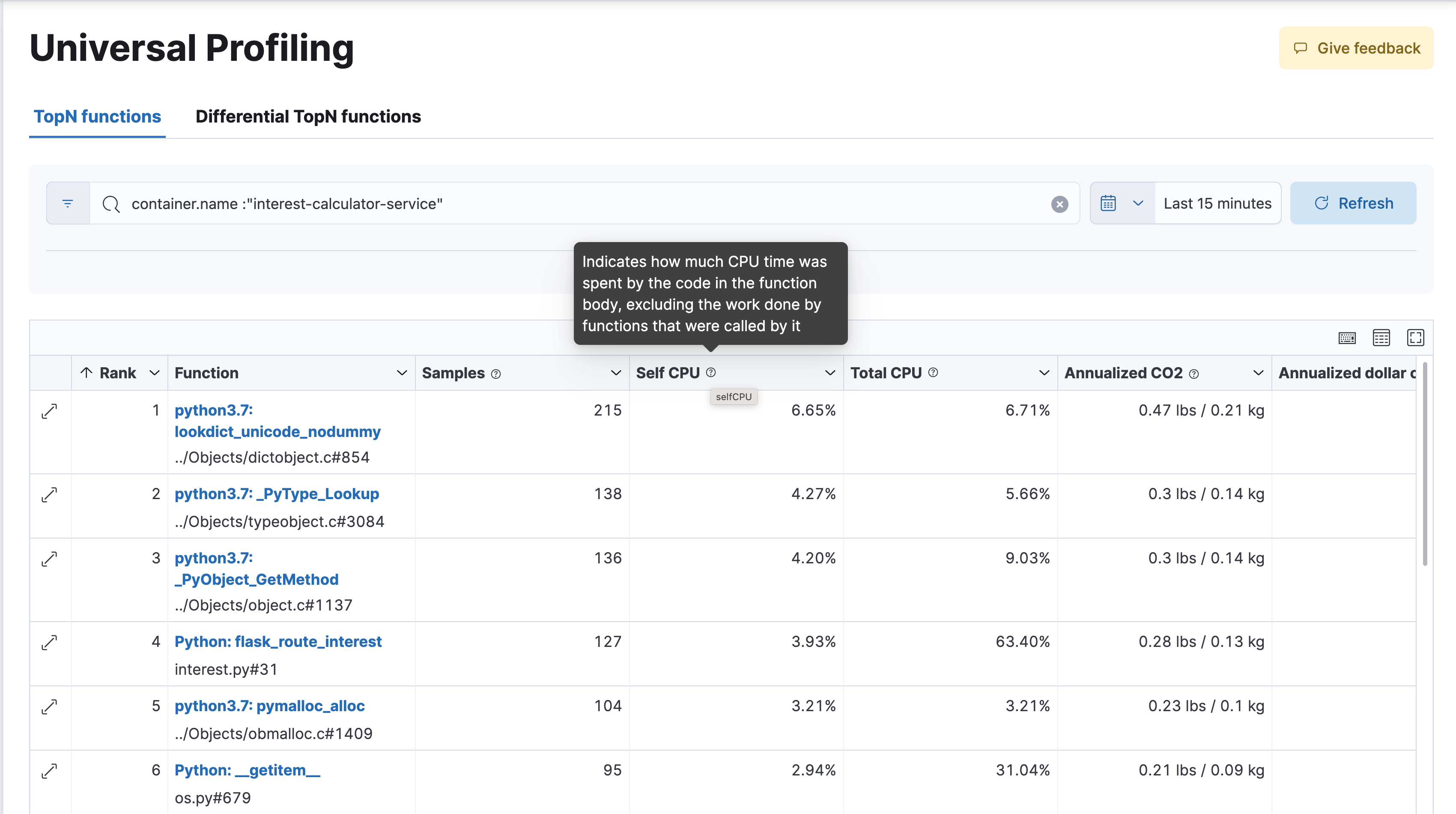 profiling functions default view