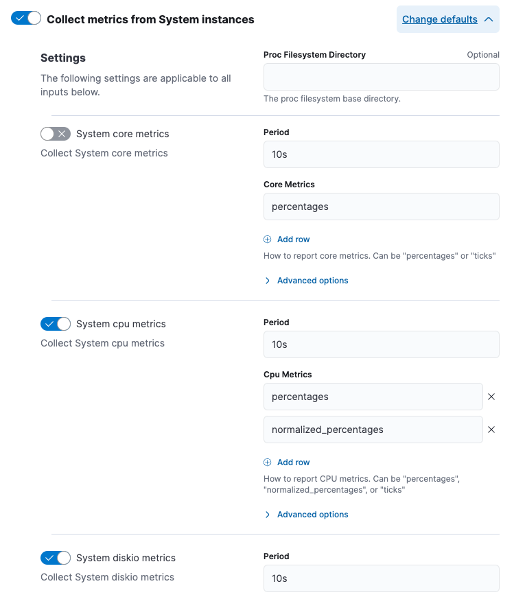 Screenshot showing system cpu and diskio metrics selected for collection