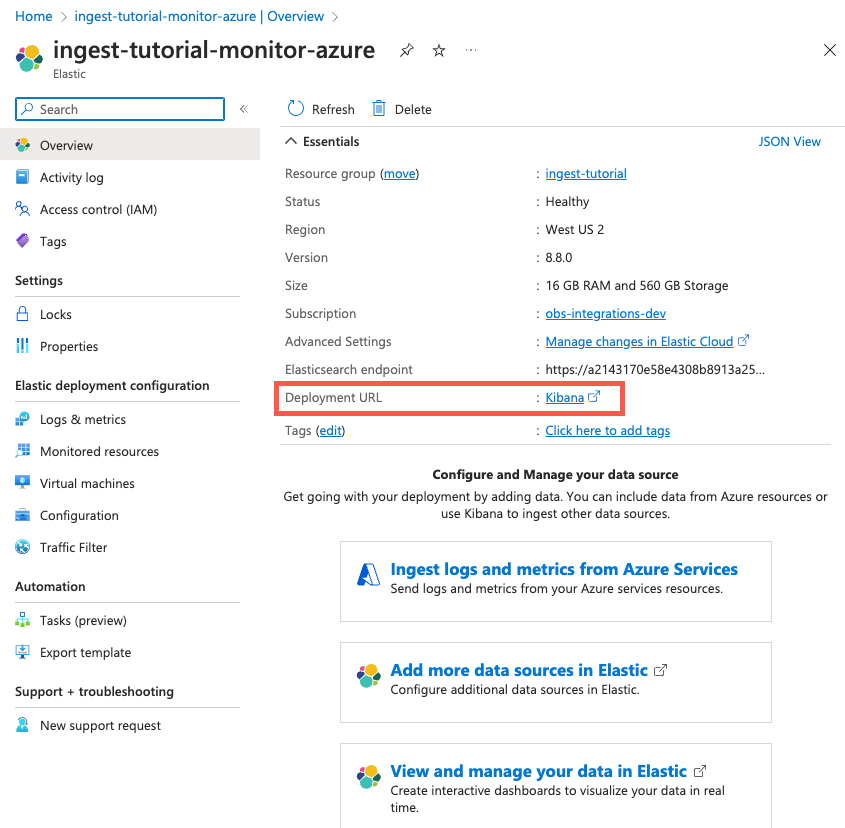 Screenshot of deployment details for Elastic resource in Azure