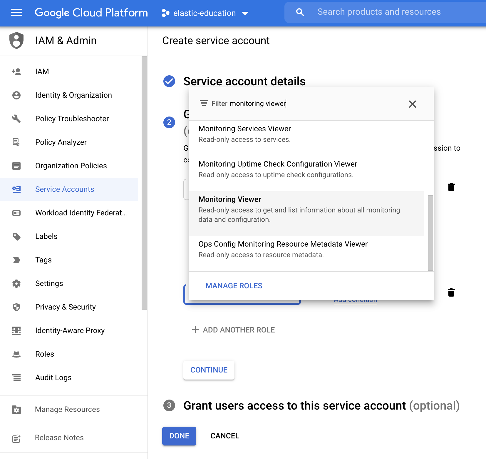 Service account roles monitoring viewer