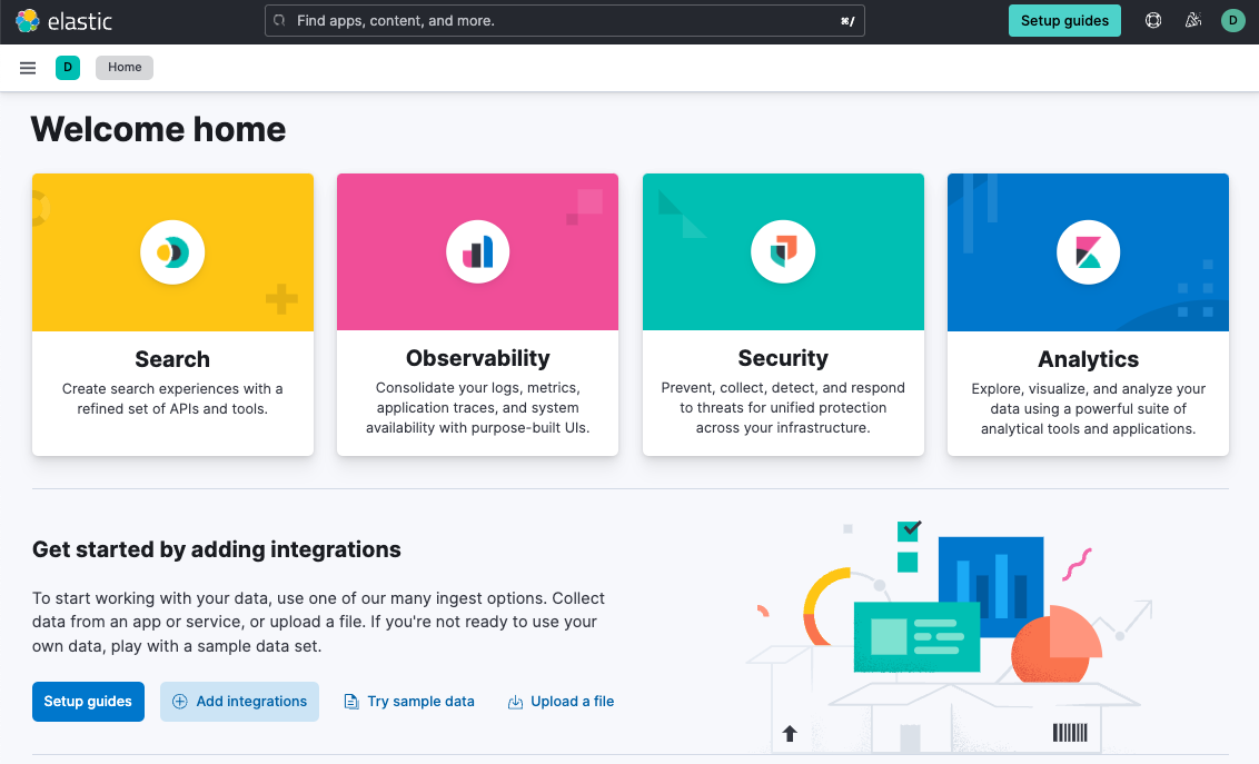 Screenshot of the Kibana home page