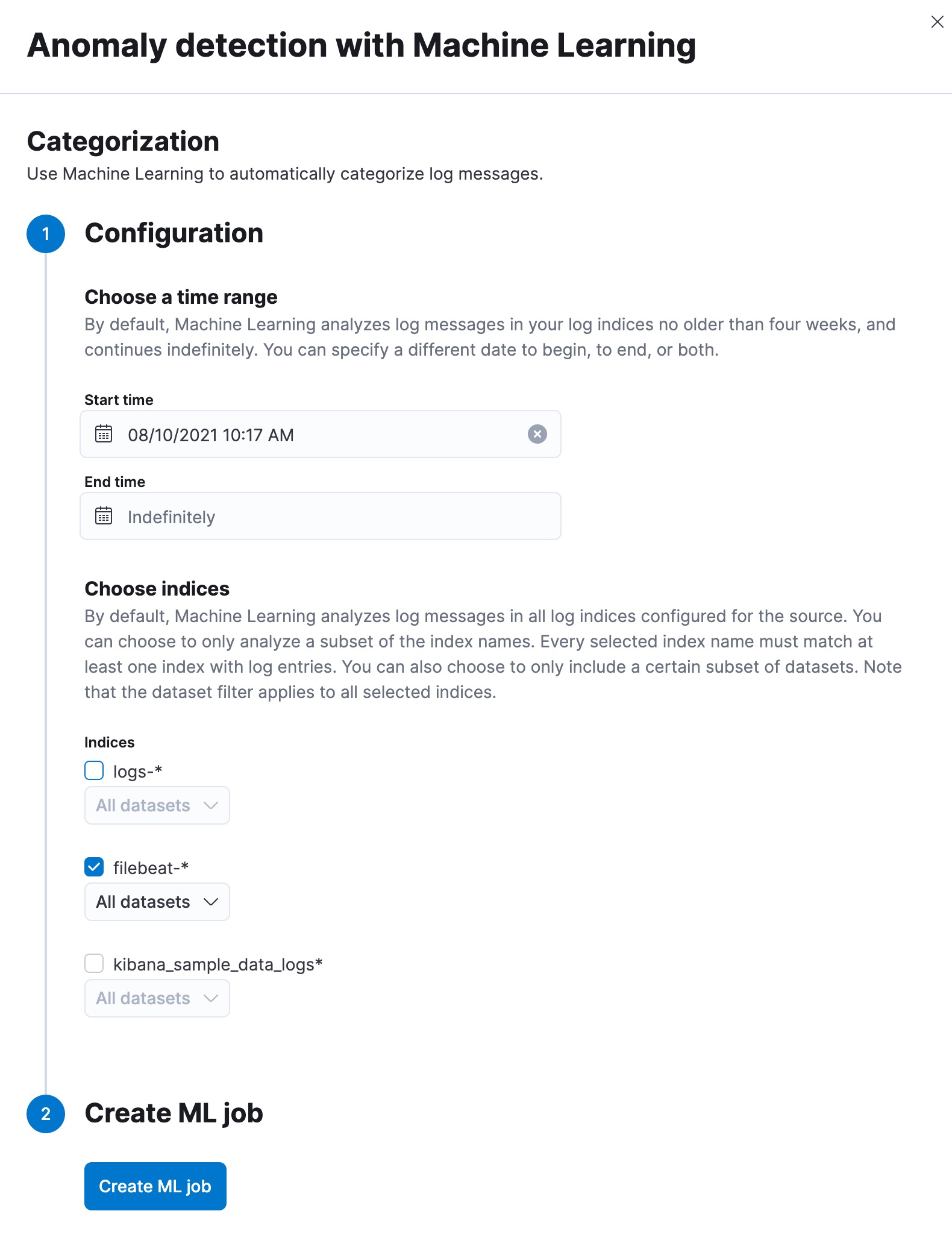 Configure log categorization job