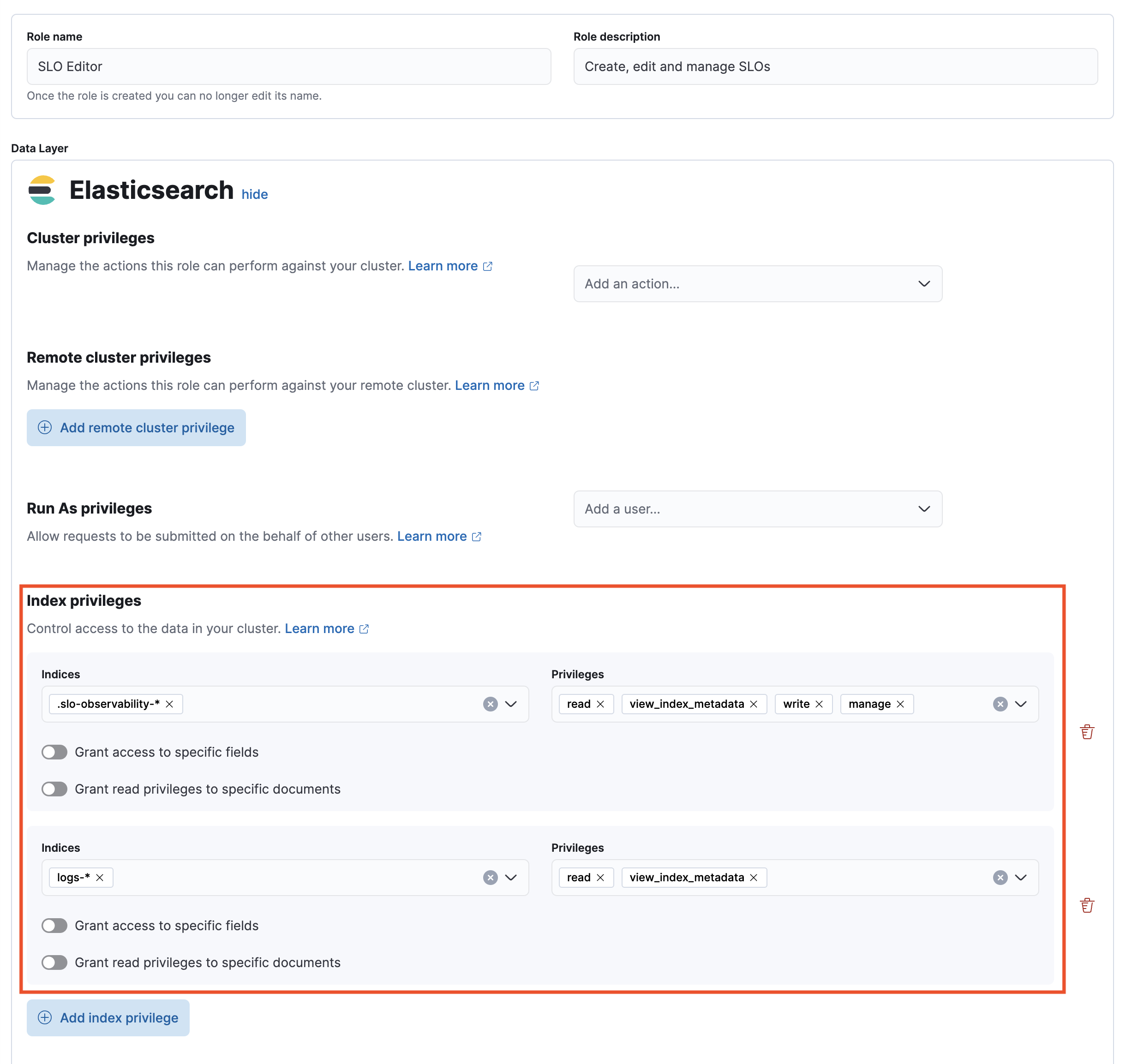 Cluster and index privileges for SLO Editor role