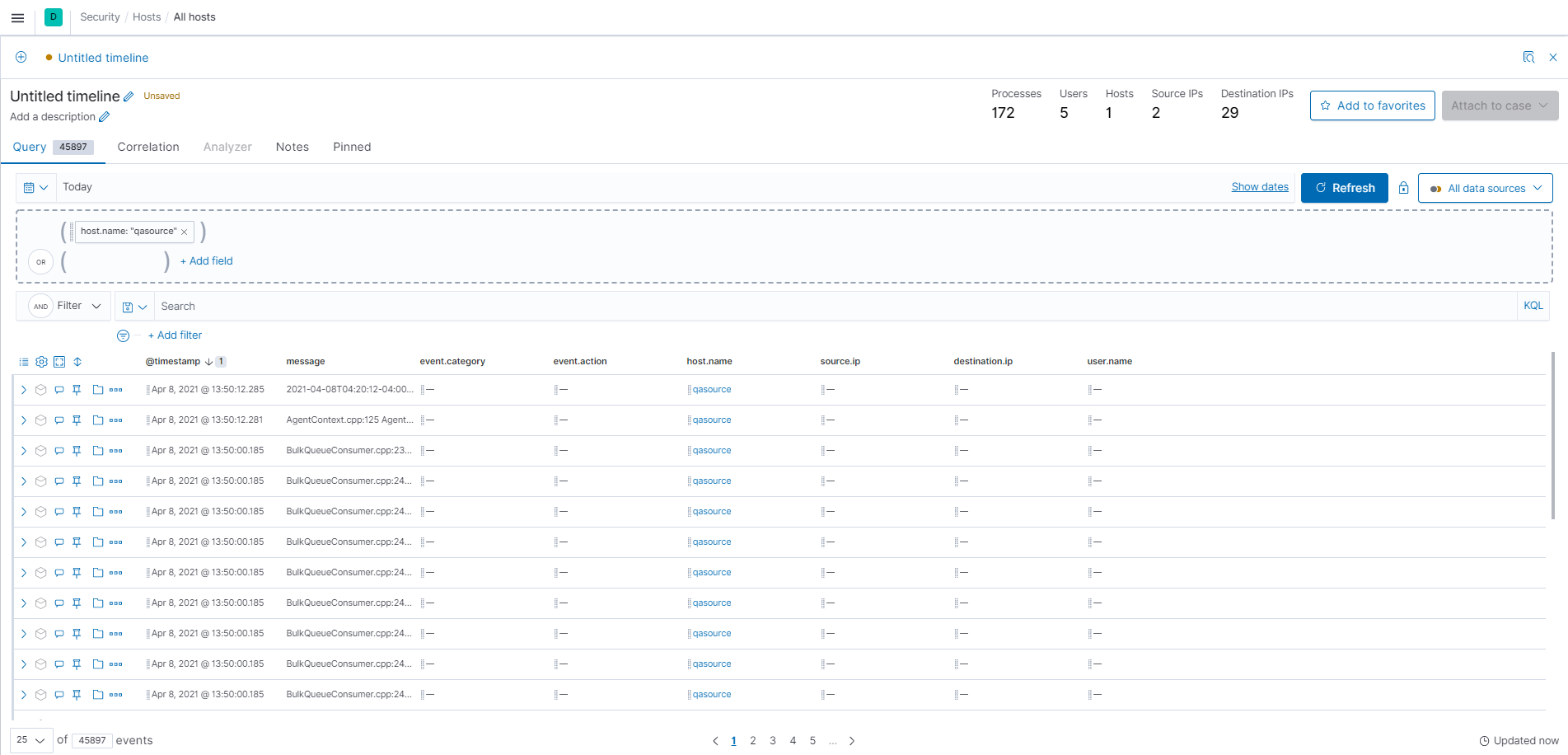 Drag and drop a value from the data table to the Timeline tab to add it to the query